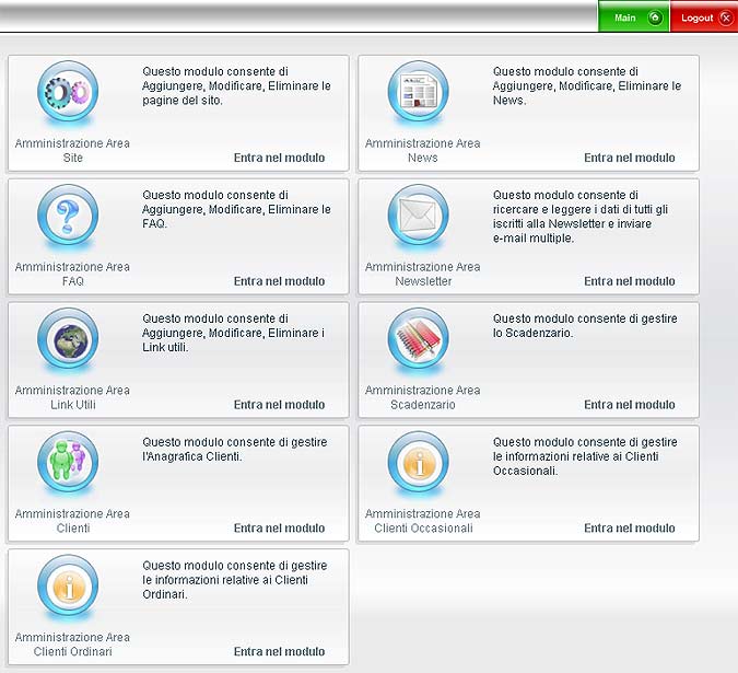 La pagina web da cui e' possibile gestire i contenuti nel sito per avvocati e studi legali